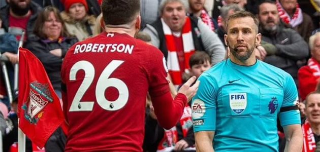 الاتحاد الإنجليزي يعلن قراره بشأن اعتداء الحكم المساعد على روبرتسون في مباراة ليفربول وآرسنال